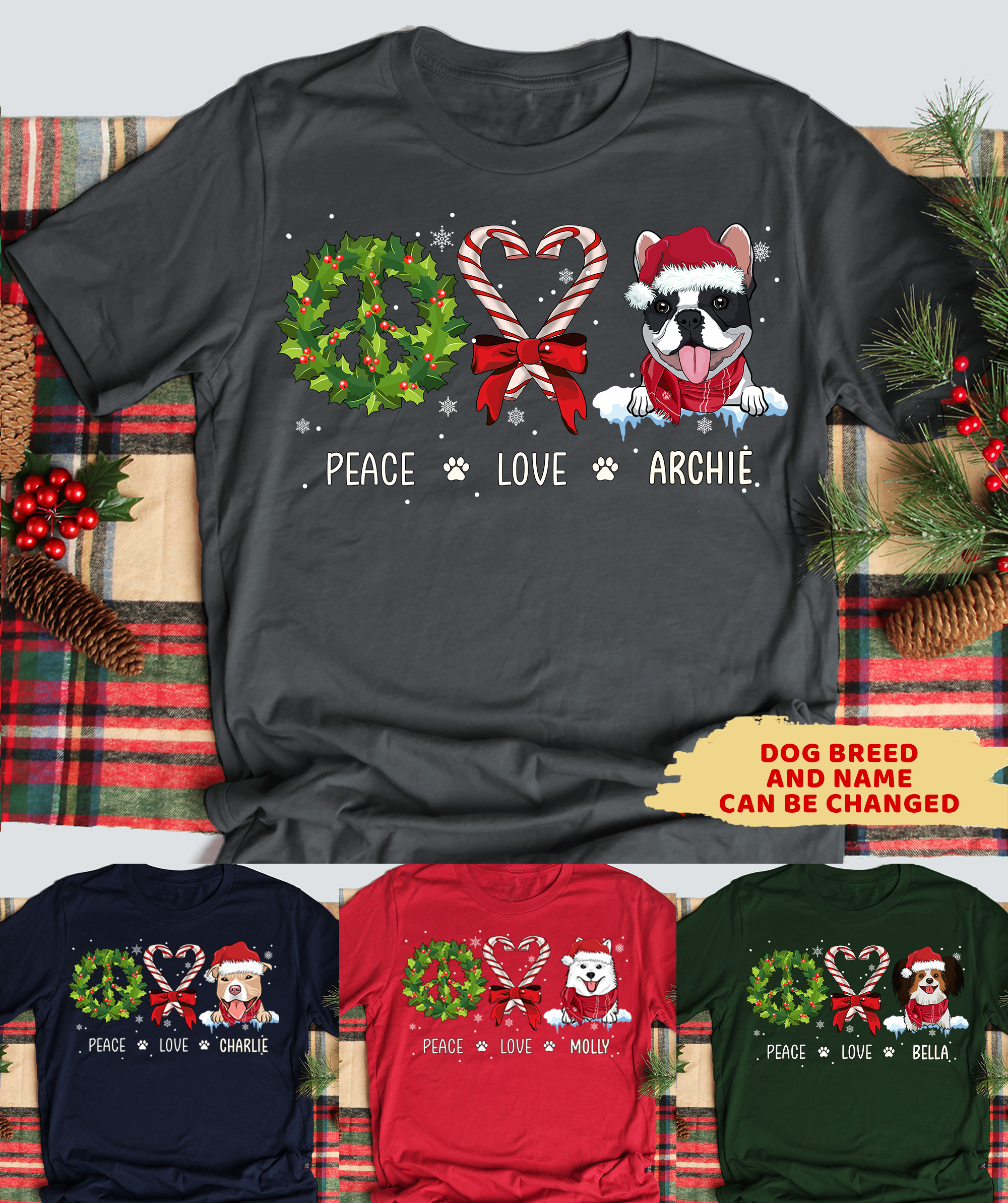 Peace Love Dog Christmas - Customizable Unisex Personalized T-shirt for Pet Lovers