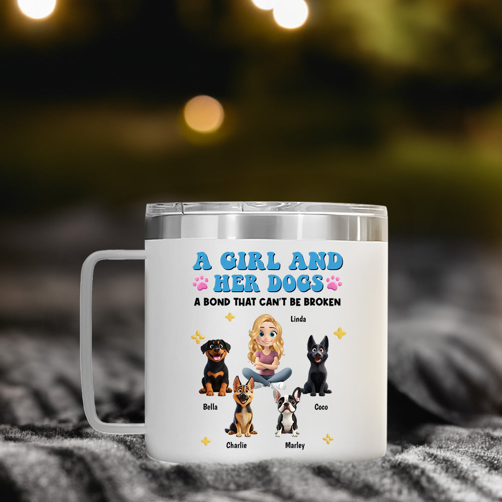 Personalized 14oz Stainless Steel Tumbler with Handle - A Girl And Her Dogs Design