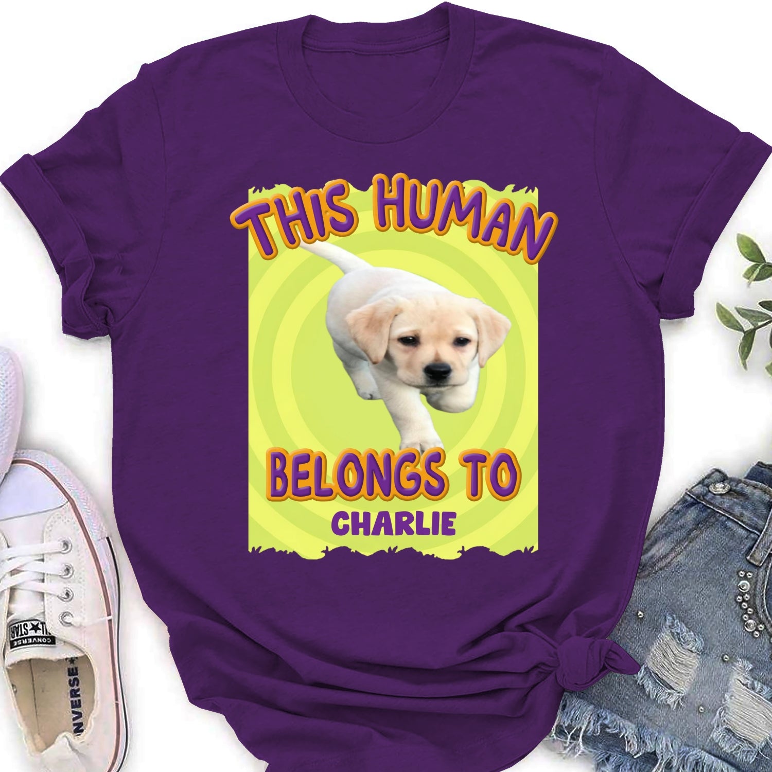 Personalized Custom Women's T-Shirt with 'This Human Belongs To Us' Cartoon Photo - Ideal Gift for Pet Lovers