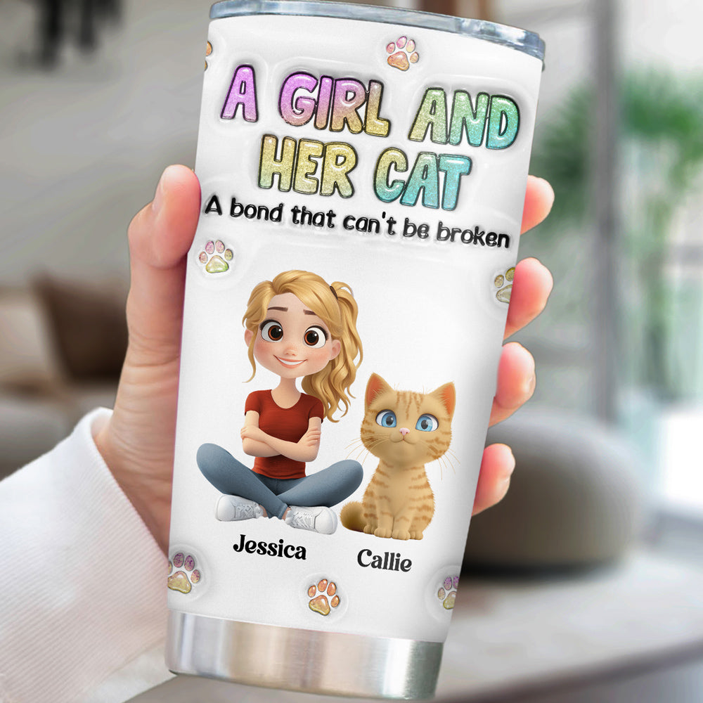 Personalized 3D Inflated Effect Tumbler: A Girl And Her Cat Design