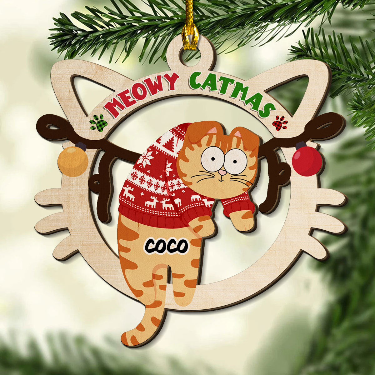 Adorable Personalized 2-Layered Wood Cat Christmas Ornament