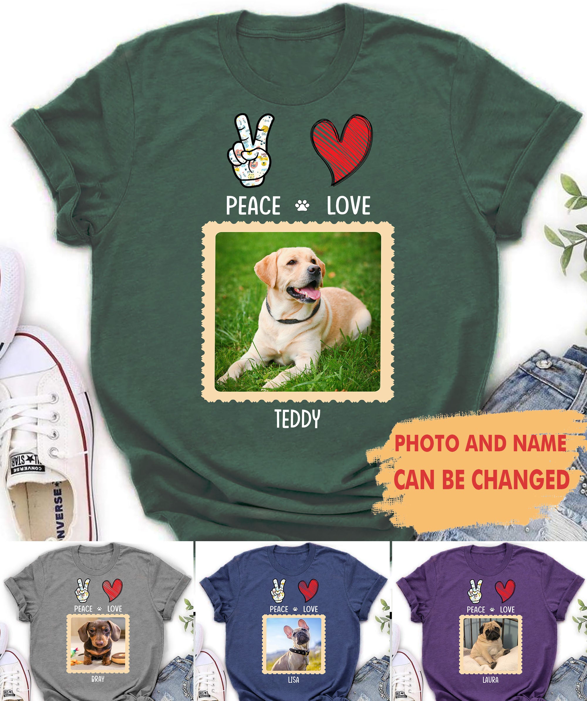 Personalized Custom Dog Photo T-shirt: Peace, Love, and Furry Friends