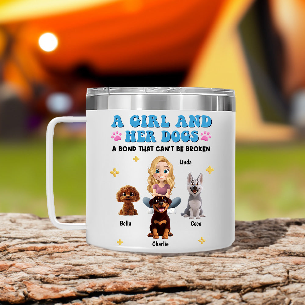 Personalized 14oz Stainless Steel Tumbler with Handle - A Girl And Her Dogs Design