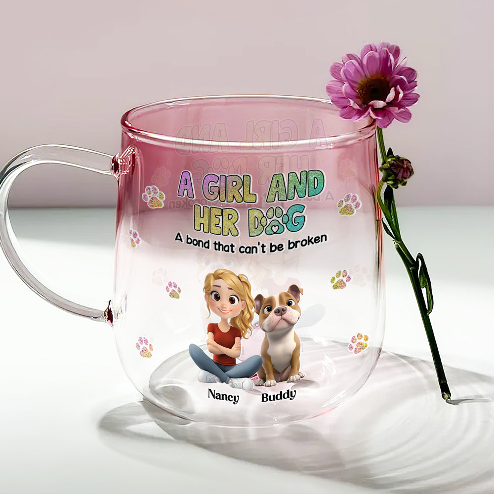 Personalized Pink Gradient Glass Mug: A Girl and Her Dog Tribute