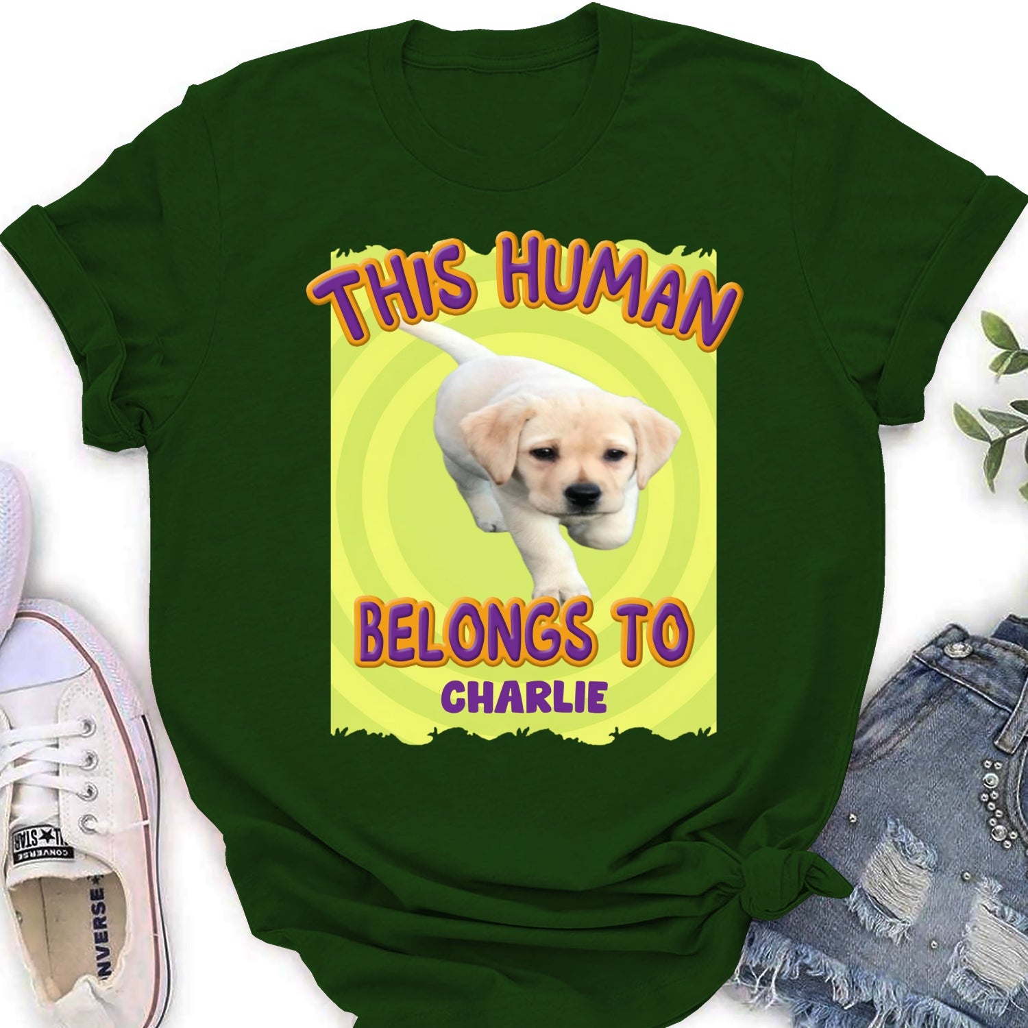 Personalized Custom Women's T-Shirt with 'This Human Belongs To Us' Cartoon Photo - Ideal Gift for Pet Lovers