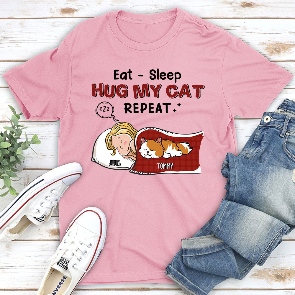Personalized Unisex 'Eat Sleep Hug Cat Repeat' T-shirt - Ideal Gift for Cat Lovers