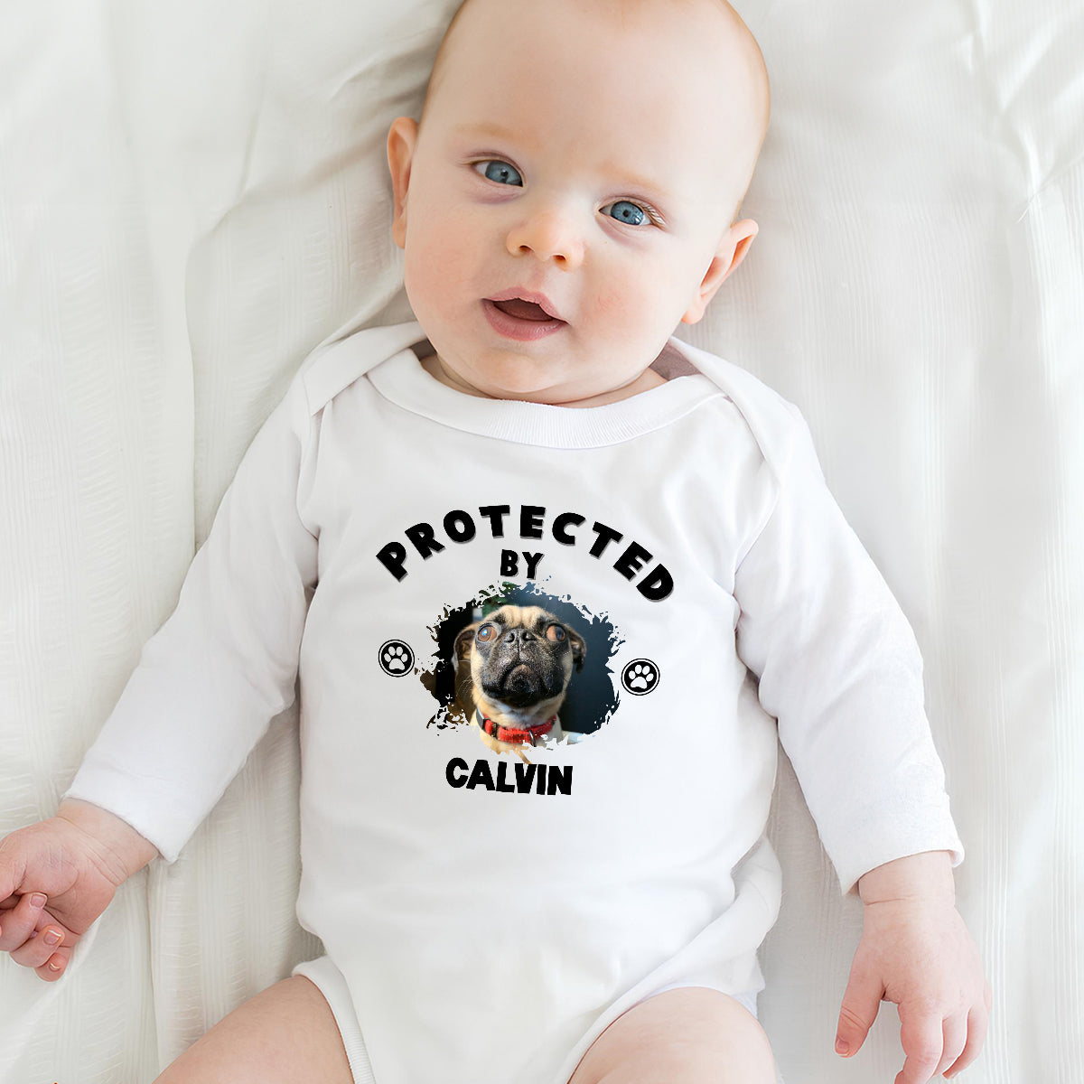 Personalized Custom Long Sleeve Baby Onesie with Human Protected By Dogs Photo