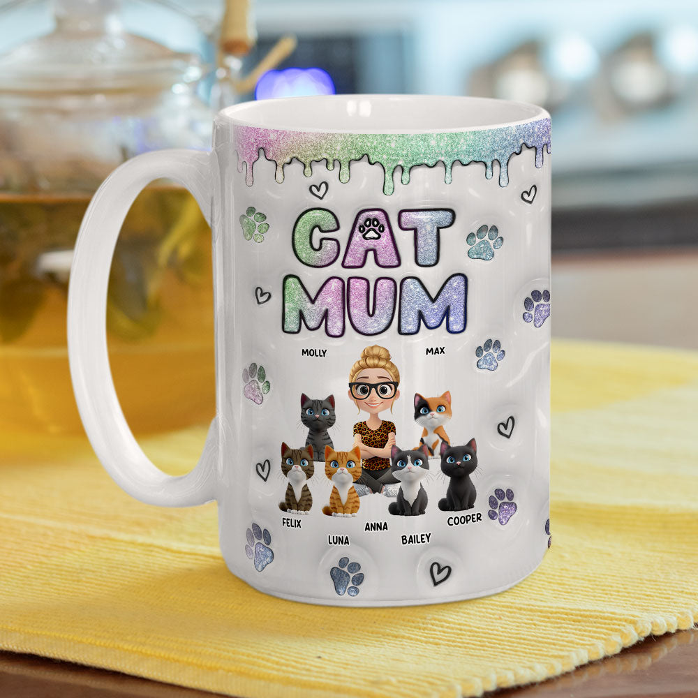 Customizable 3D Inflated Effect Lovely Chibi Cat Mom Mug - Personalized for a Unique Experience