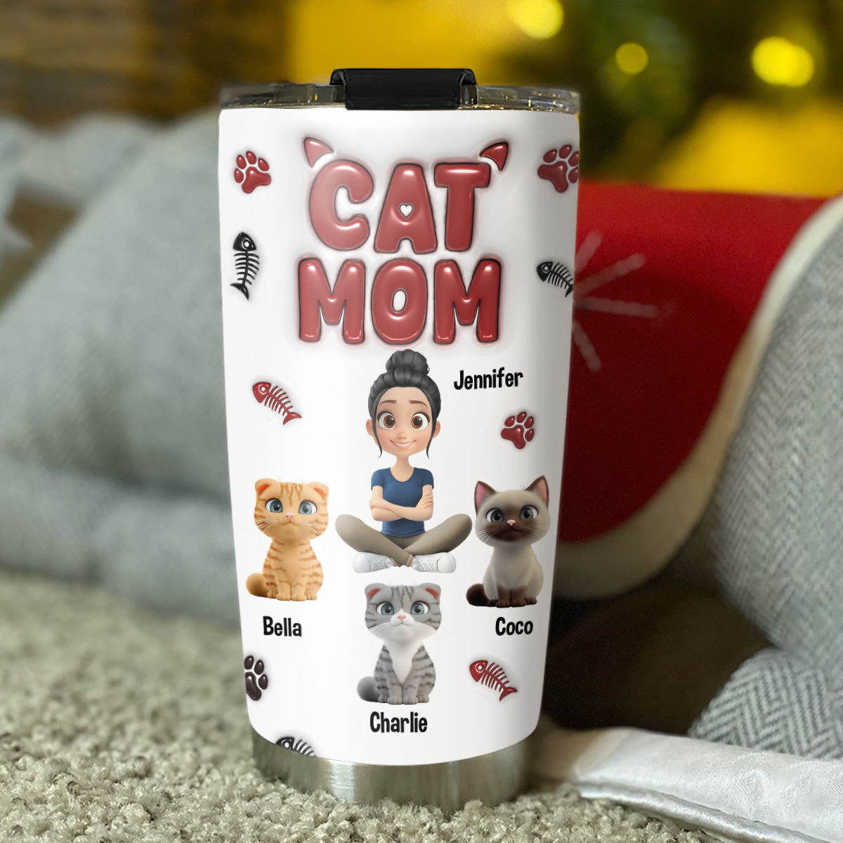 Lovely Cat Mama Personalized 3D Inflated Effect Stainless Steel Tumbler