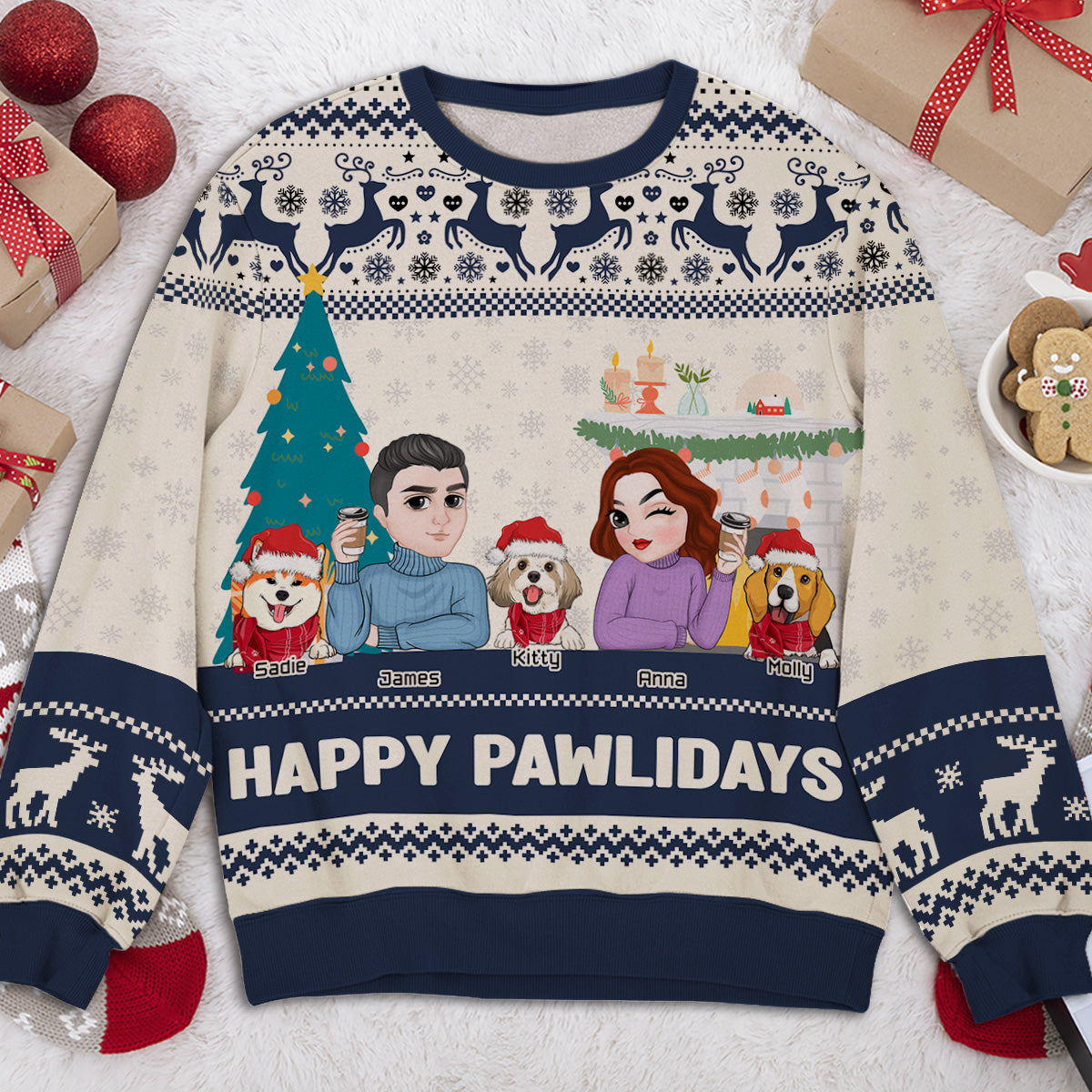 Happy Pawlidays Personalized Custom All-Over-Print Sweatshirt for Dog Parents