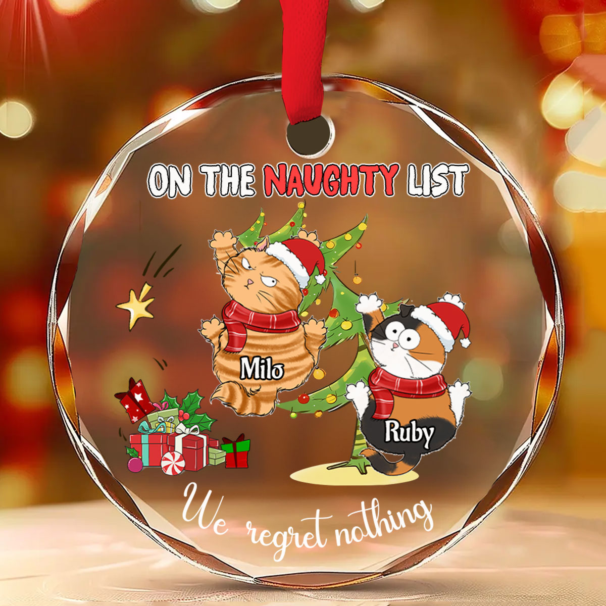 Customizable Naughty Cats Christmas Glass Ornament - Perfect Personalized Gift