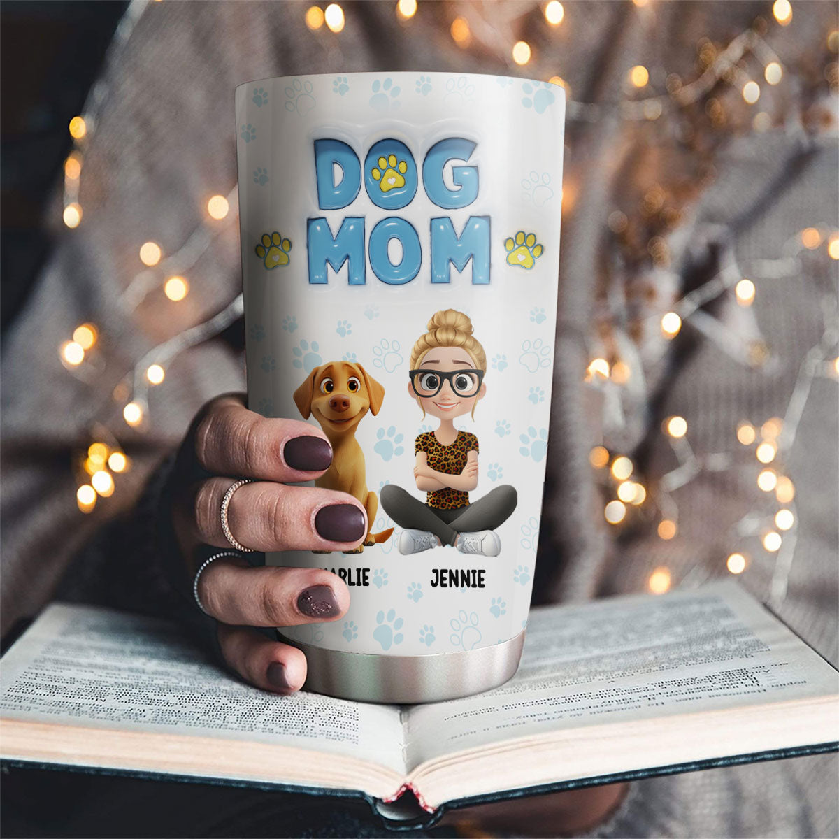 Personalized 3D Inflated Effect Girl And Dog Cartoon Style Tumbler