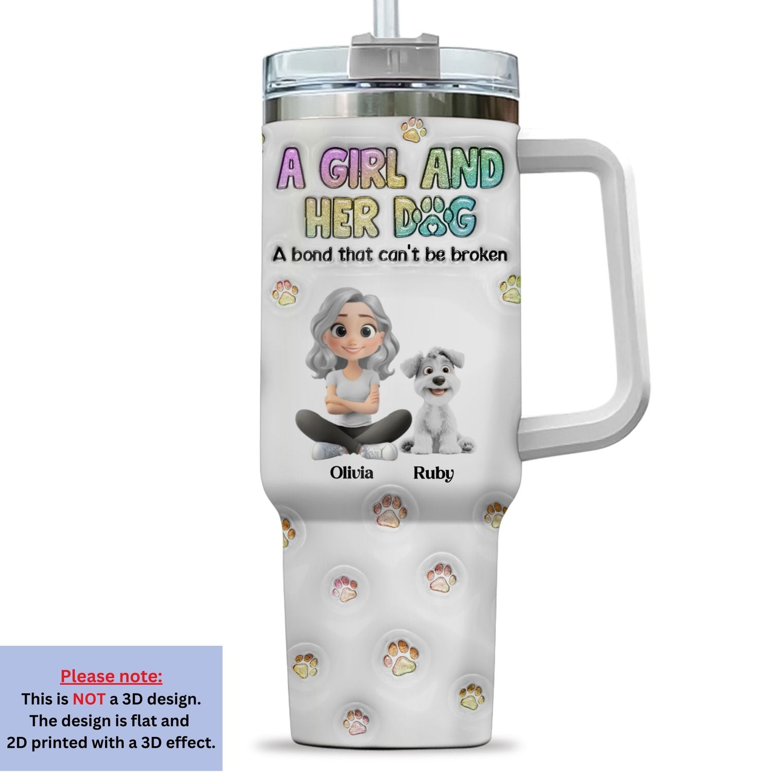 Personalized 3D Inflated Effect Printed 40 Oz Stainless Steel Tumbler - A Girl And Her Dog Design