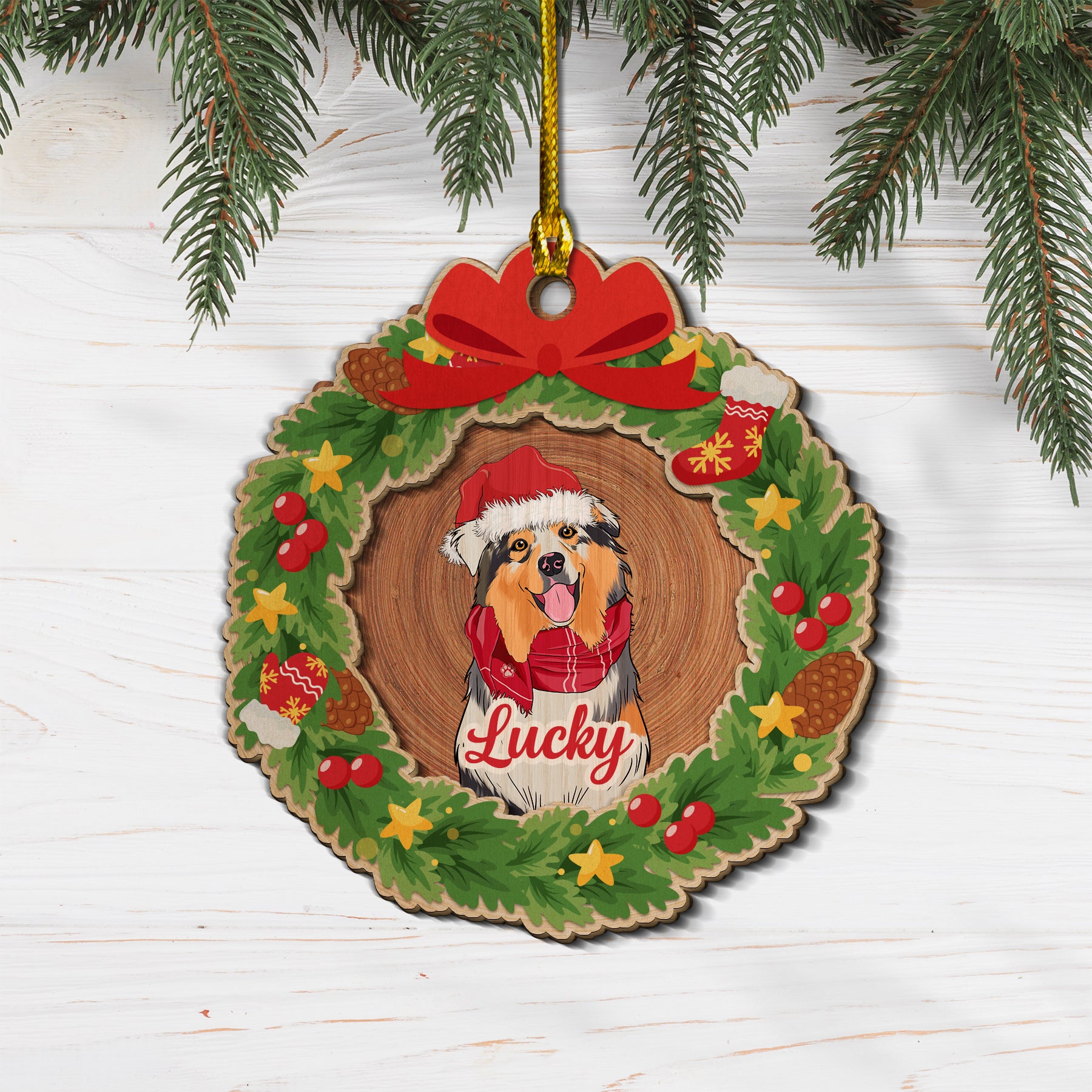 Personalized 2-Layered Custom Dog Wood Wreath Ornament for Christmas