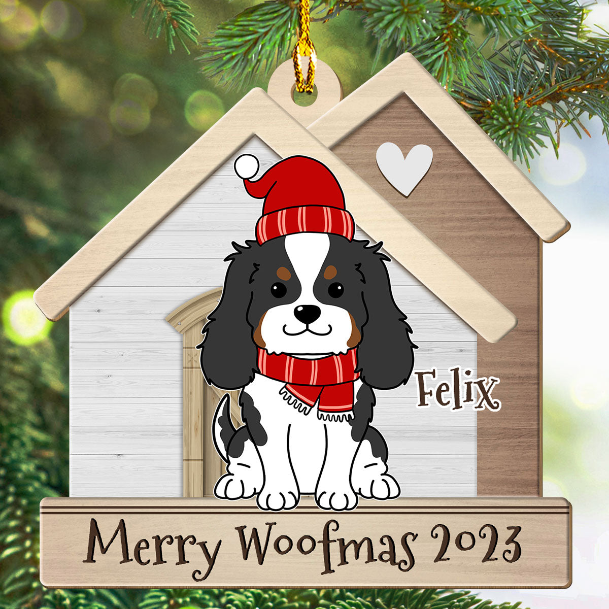 Personalized One - Layered Dog in Happy House Wood Ornament