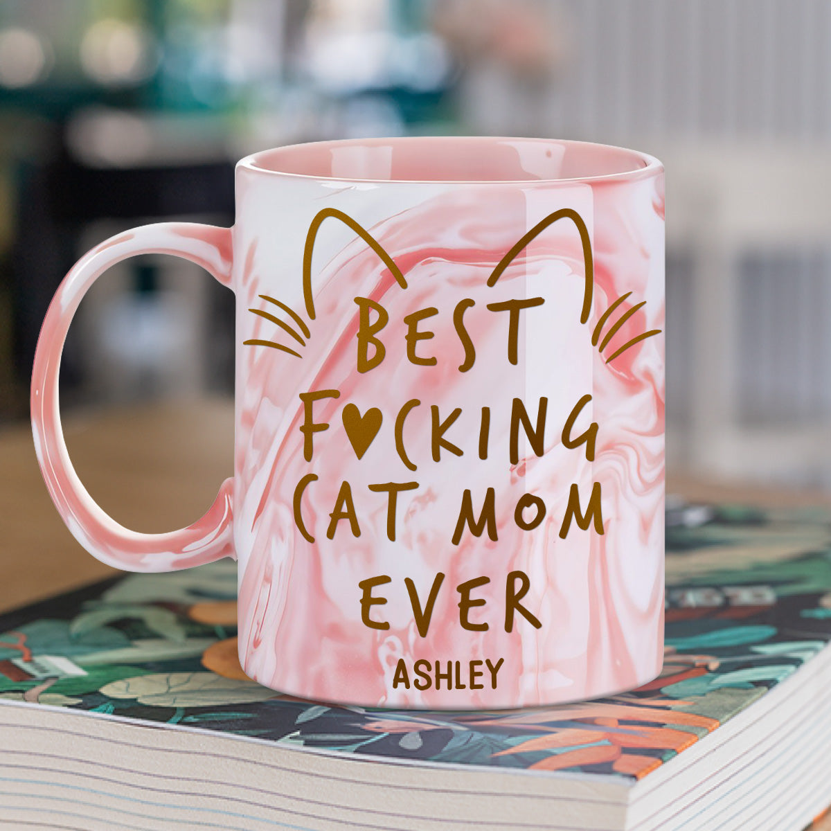Exquisite Personalized Pink Marble Mug for Cat Moms