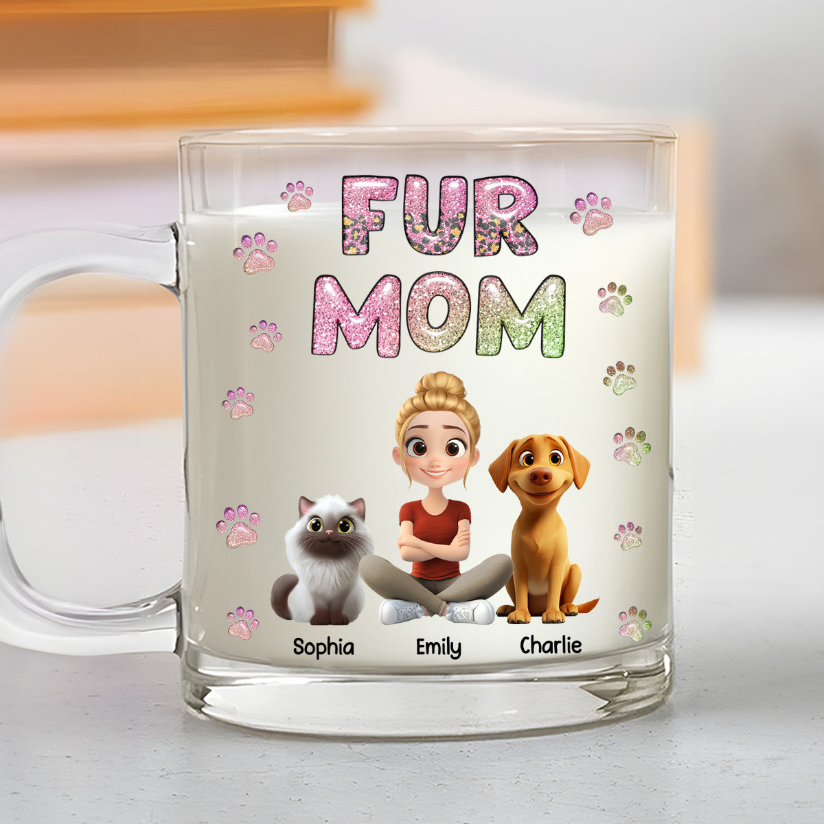 Personalized 3D Inflated Effect Glass Mug - Fur Mom Lovely Chibi Design