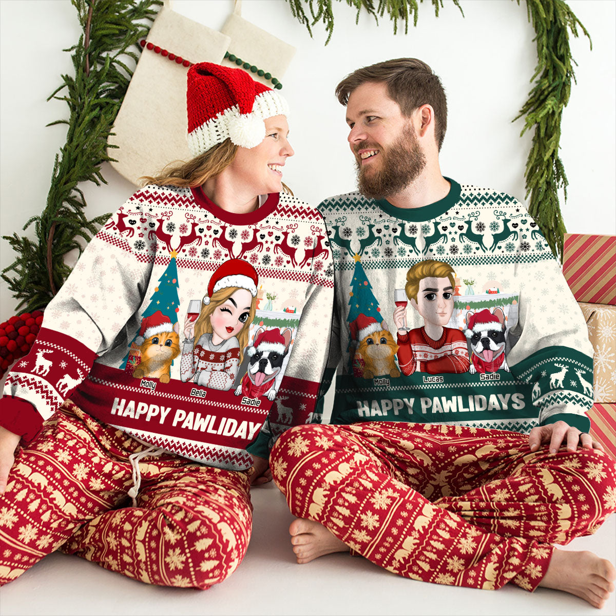 Personalized Happy Pawlidays Sweatshirt for Fur Moms - All-Over Print Design