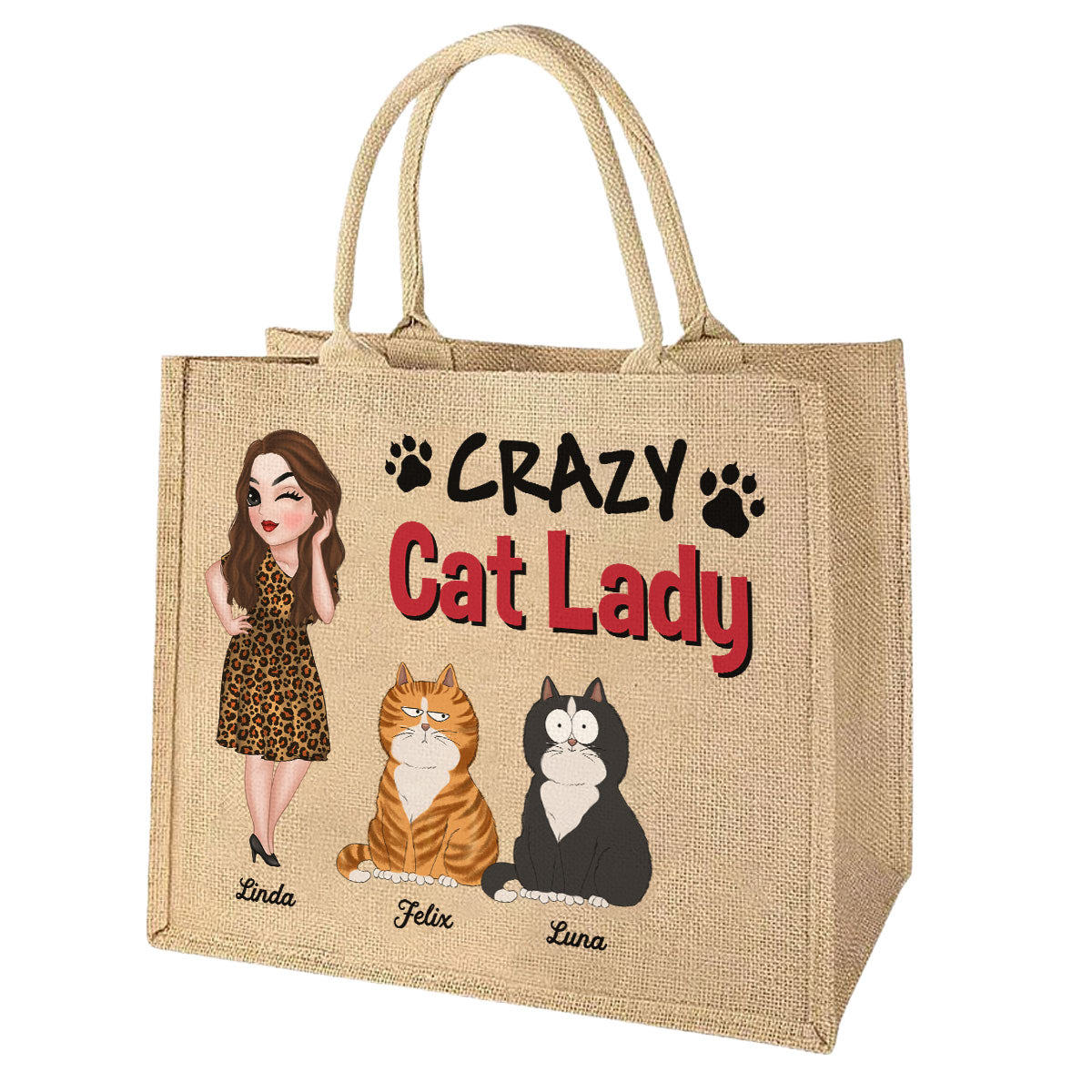 Personalized Crazy Cat Lady Jute Tote Bag - Unique and Customizable