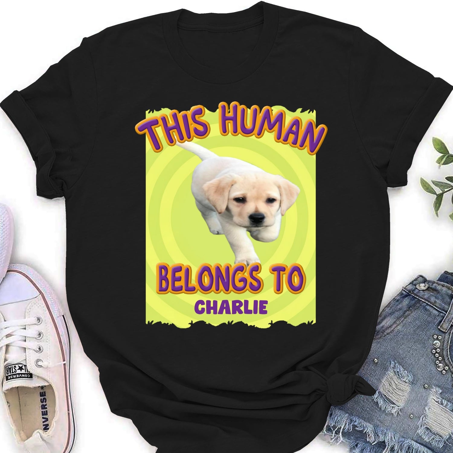Personalized Custom Women's T-Shirt with 'This Human Belongs To Us' Cartoon Photo - Ideal Gift for Pet Lovers