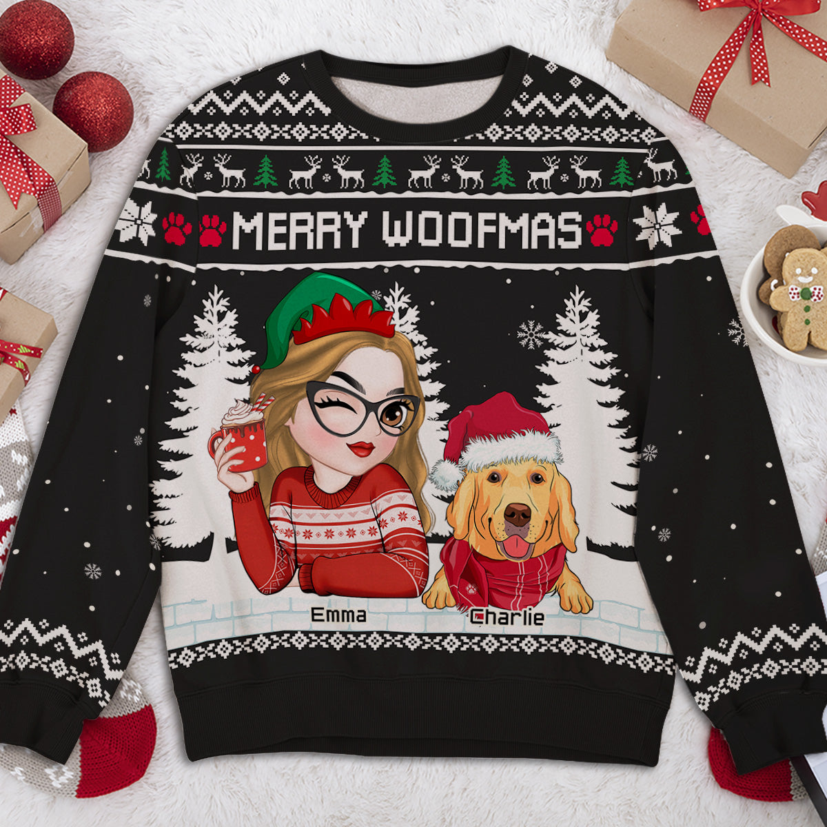 Personalized Merry Woofmas All-Over-Print Sweatshirt for Mom and Dad - Ideal Gift for Pet Lovers