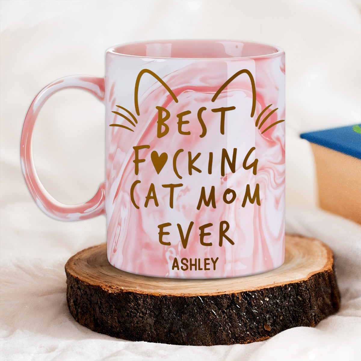 Exquisite Personalized Pink Marble Mug for Cat Moms