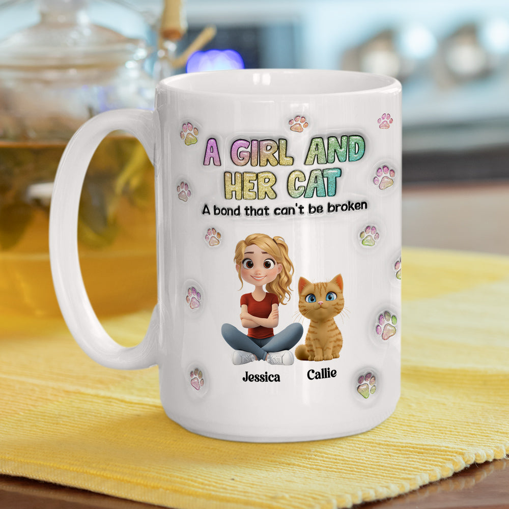 Personalized 3D Inflated Effect Mug: A Girl And Her Cat Design