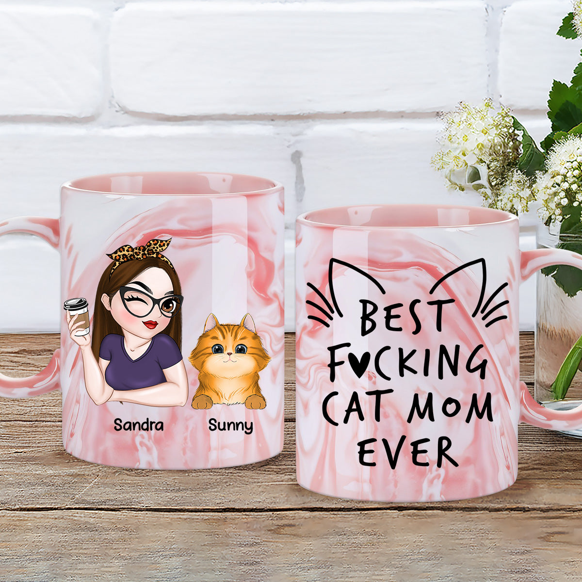 Exquisite Personalized Pink Marble Mug for the Best Cat Moms