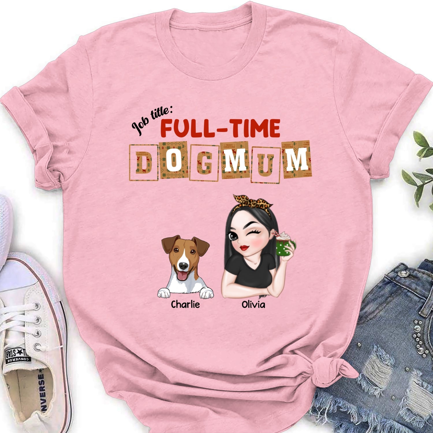 Personalized Full - Time Dog Mom & Dad Christmas Women's T - shirt