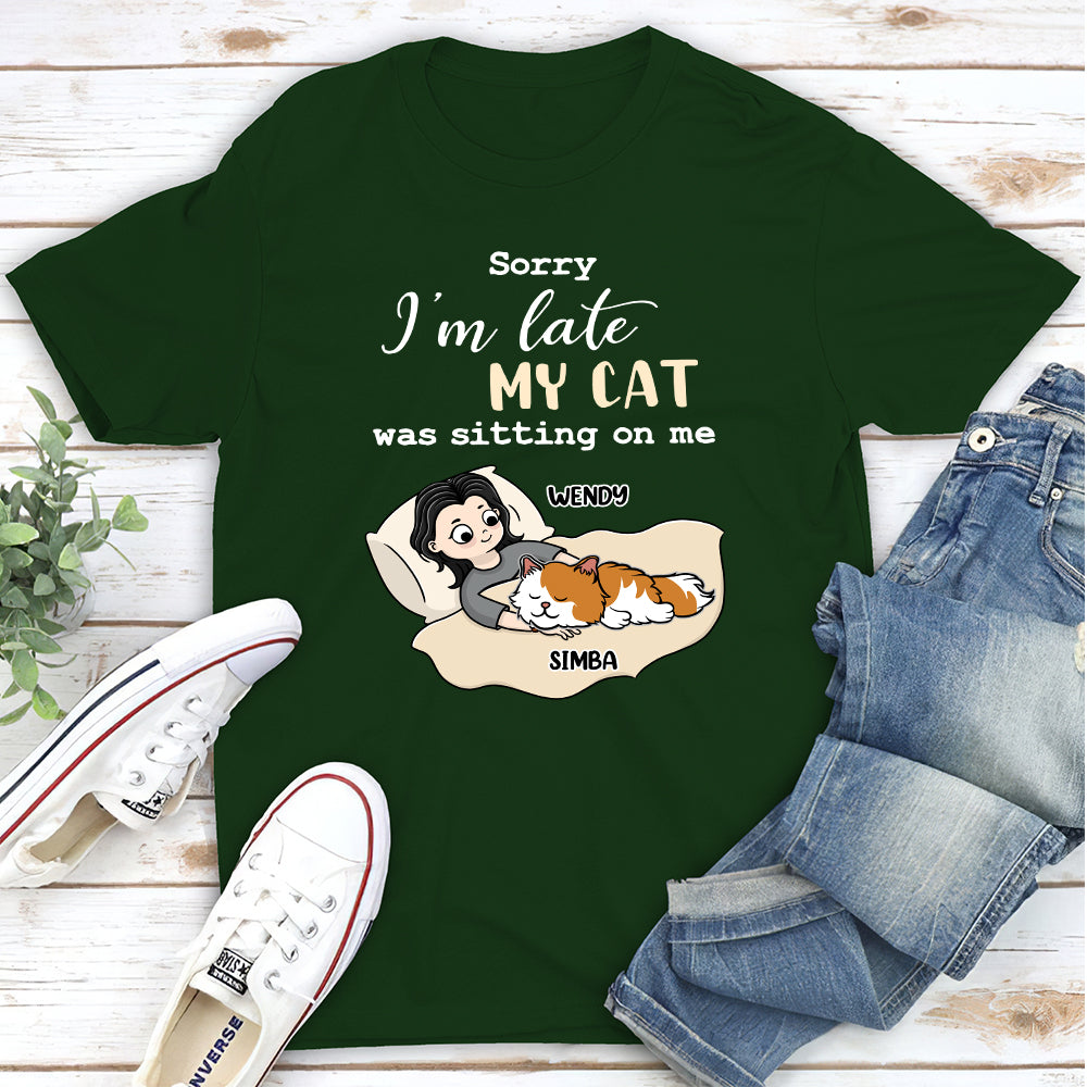 Personalized 'Sorry I'm Late' Sleeping Cat Unisex T - shirt: Ideal Gift for Pet Lovers