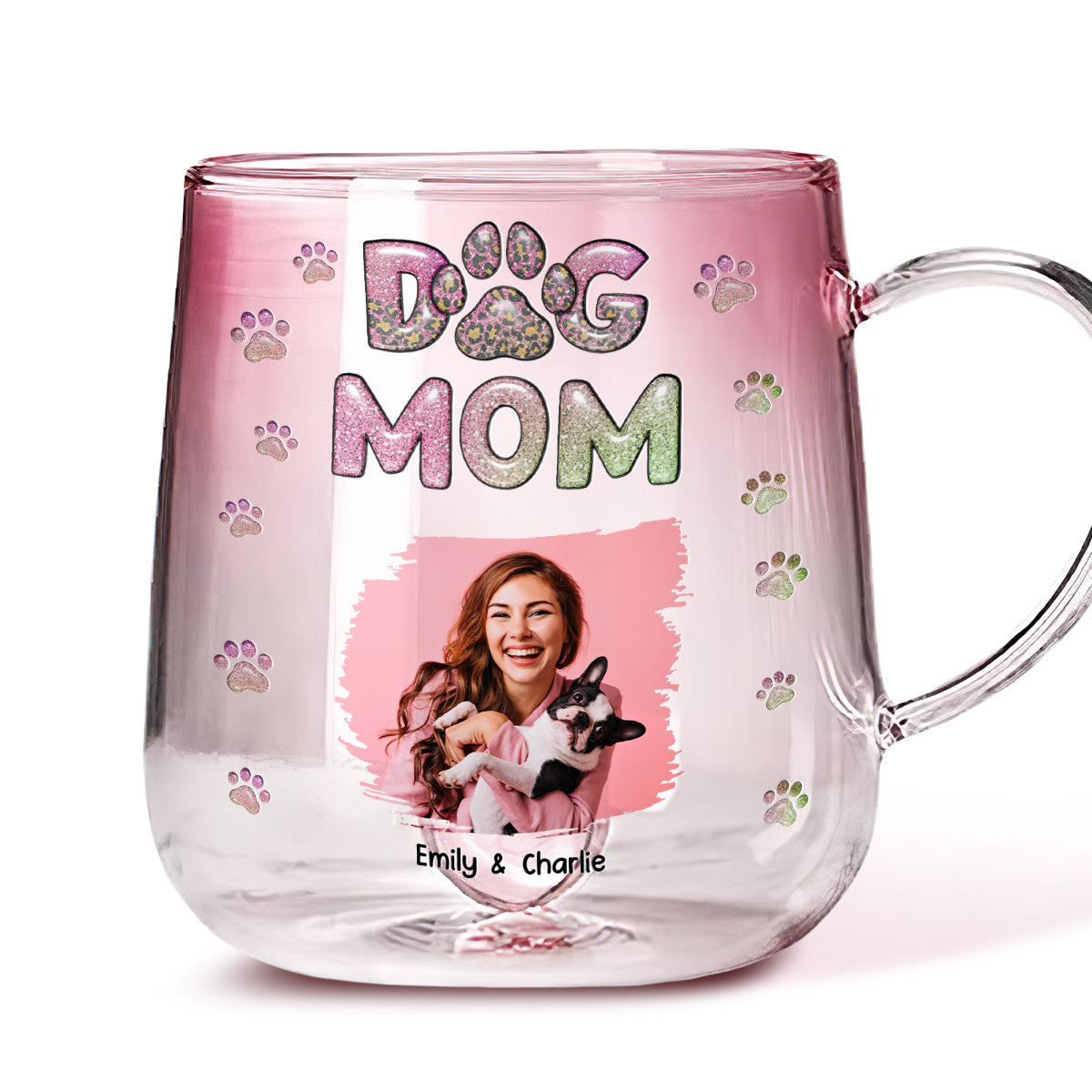 Personalized Dog Mom Chibi Pink Gradient Glass Mug - A Loving Keepsake