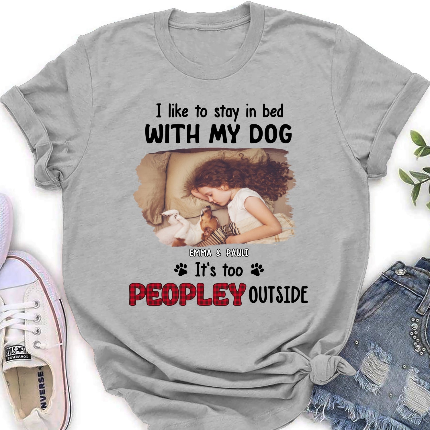 Personalized Custom Women's T-shirt with 'Like To Stay In Bed' Photo - Ideal Gift for Pet Lovers
