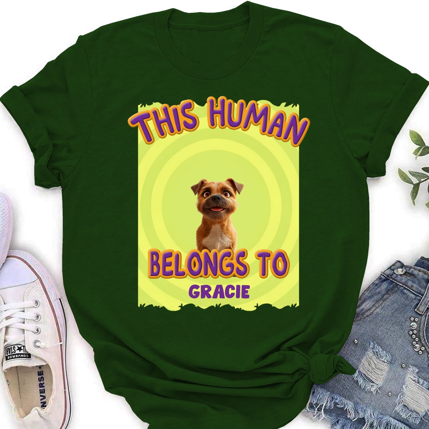 Personalized 'This Human Belongs To Our Pet' Cartoon Women's T - shirt