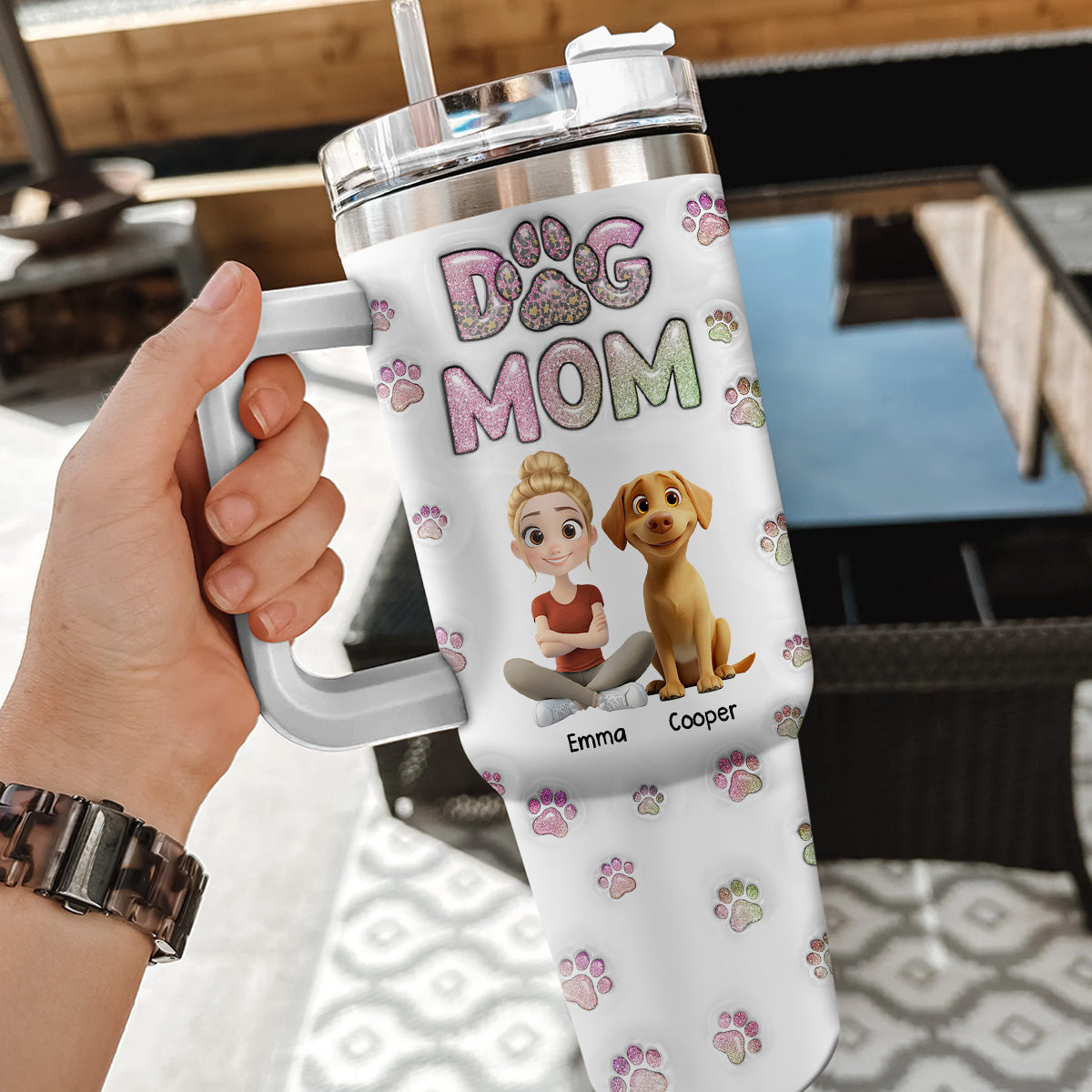 Personalized Dog Mom Chibi 3D Inflated Effect 40 Oz Stainless Steel Tumbler