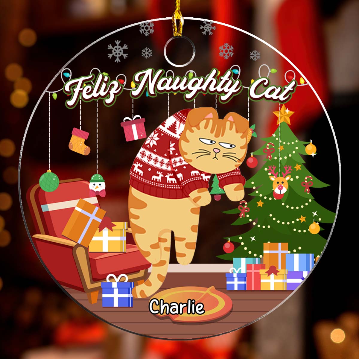 Feliz Naughty Cats - Customizable Personalized Acrylic Christmas Ornament
