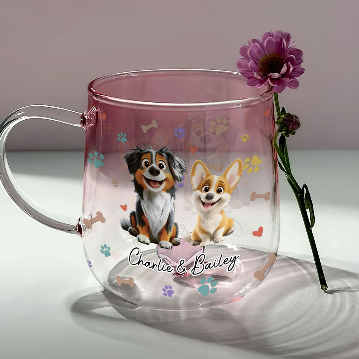Personalized Pink Gradient Glass Mug - Ideal for Baby and Dog Lovers