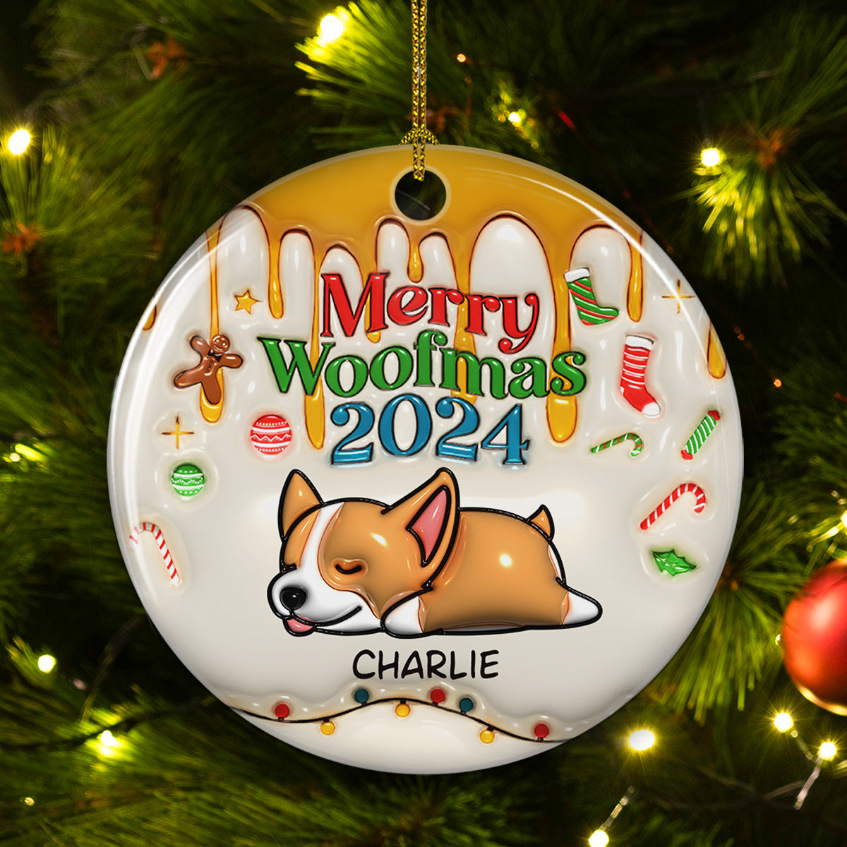 Happy Woofmas - Customizable 3D Inflated Effect Personalized Ceramic Christmas Ornament