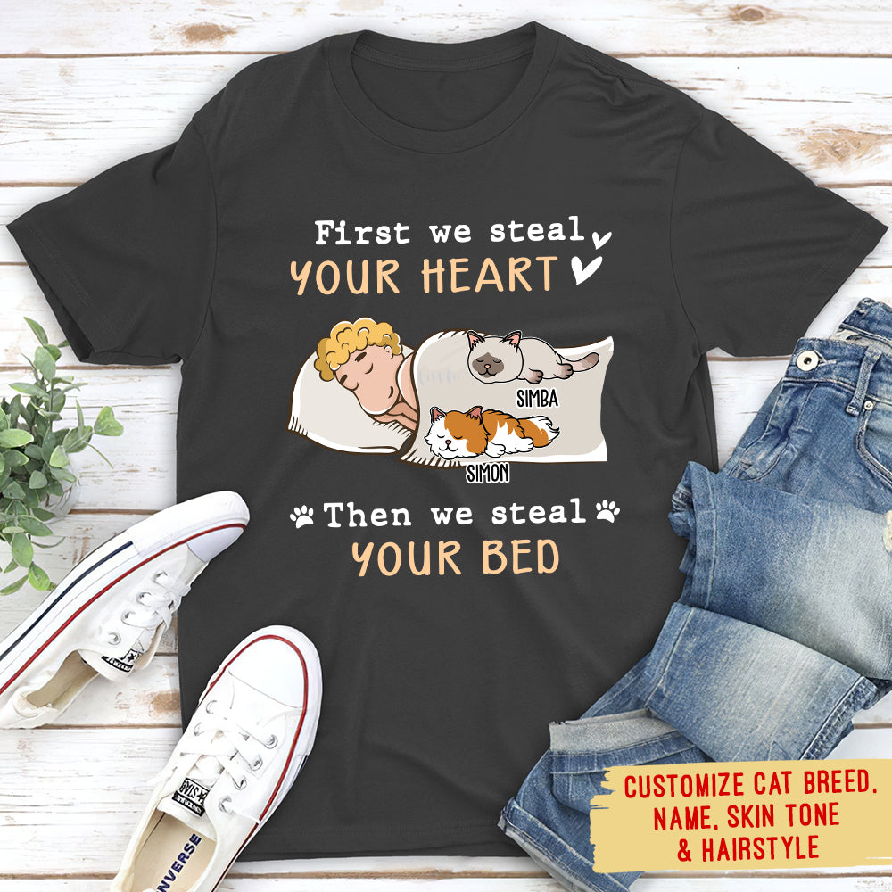 Personalized Unisex 'Cats Steal Your Heart & Bed' T-shirt - Ideal for Pet Lovers