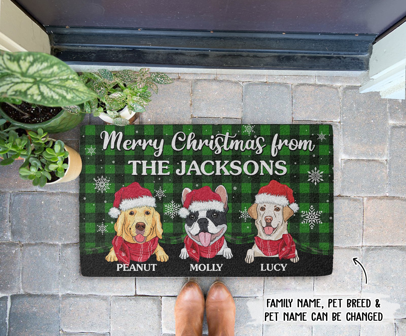 Customizable Merry Christmas Family Doormat with Personalized Dog Picture