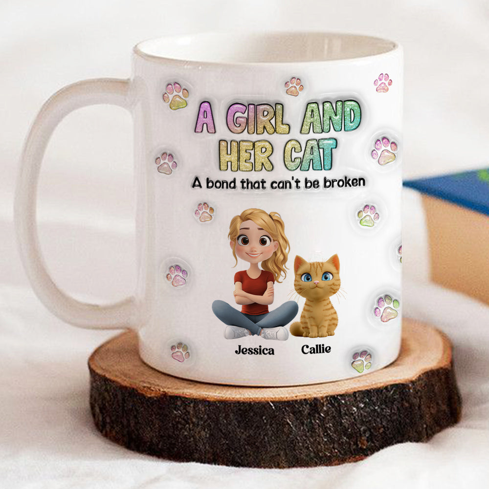 Personalized 3D Inflated Effect Mug: A Girl And Her Cat Design