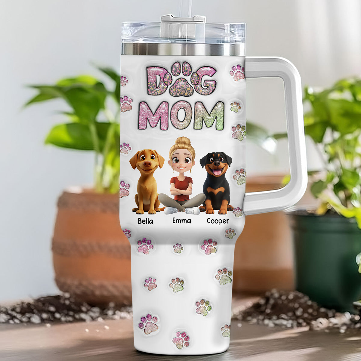 Personalized Dog Mom Chibi 3D Inflated Effect 40 Oz Stainless Steel Tumbler