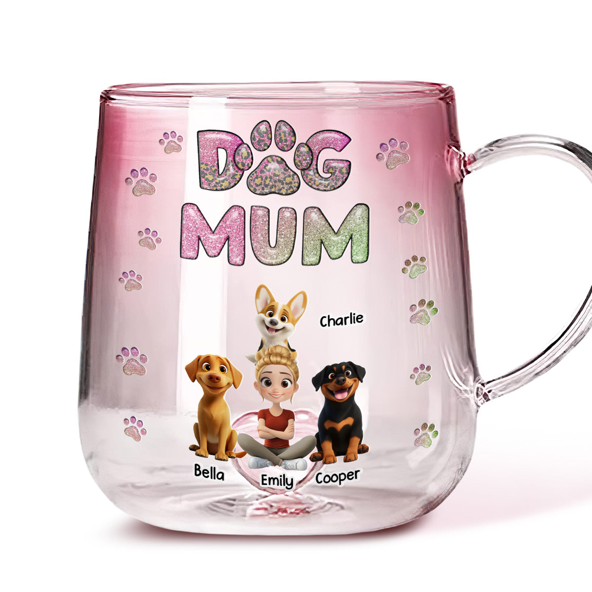 Personalized Dog Mom Chibi Pink Gradient Glass Mug - A Lovely Gift