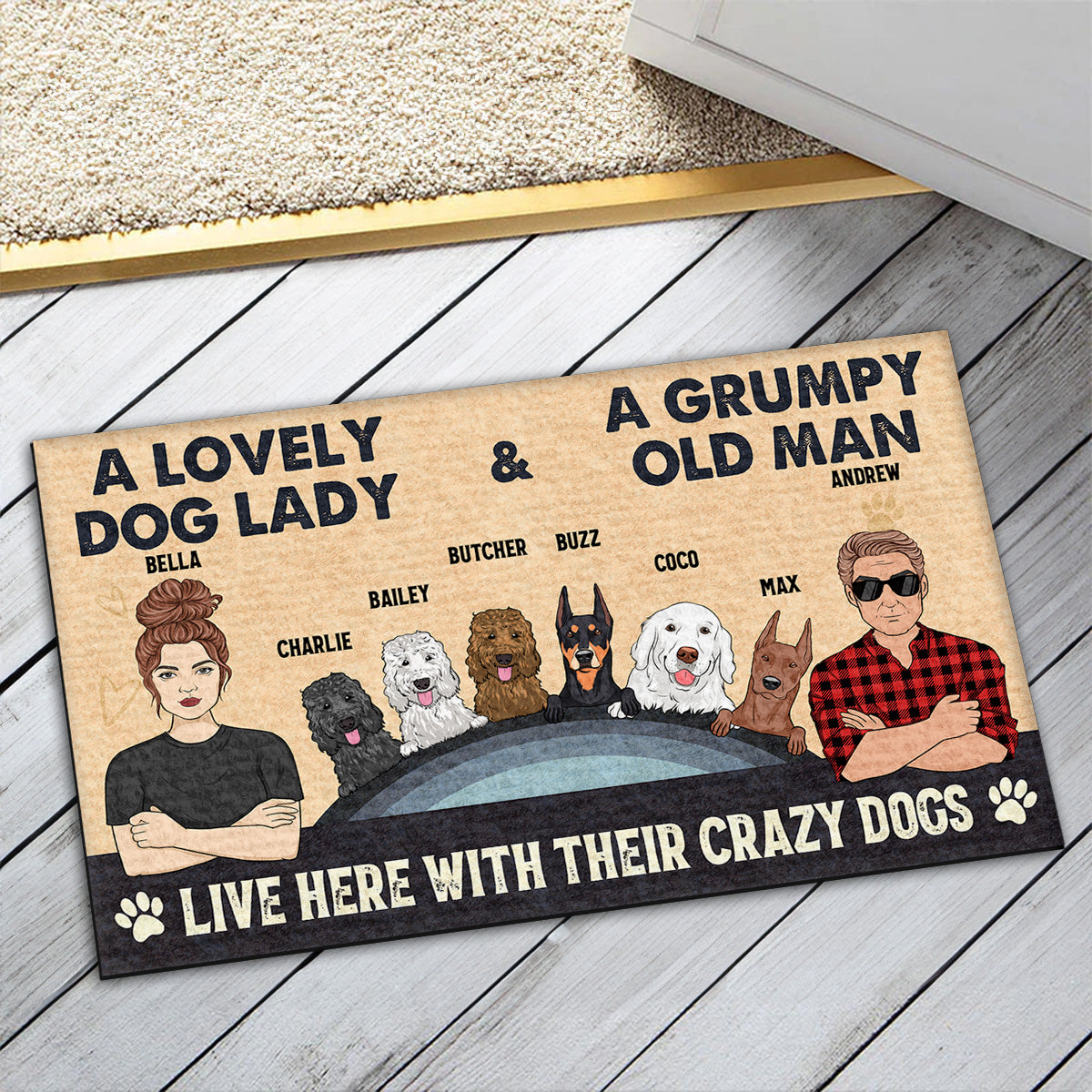 Personalized Pet Lover Doormat: Lovely Dog Lady & Grumpy Old Man Design
