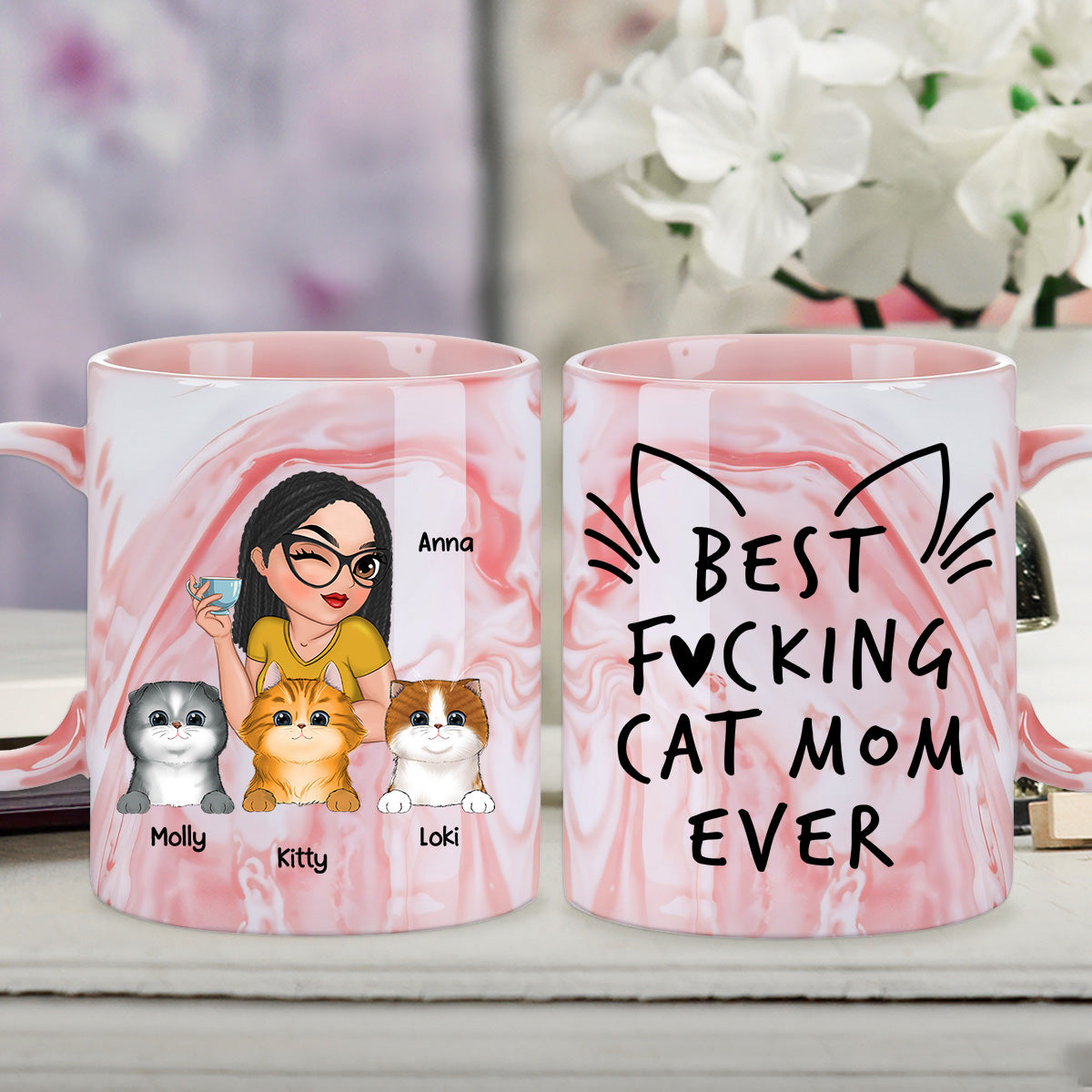 Exquisite Personalized Pink Marble Mug for the Best Cat Moms