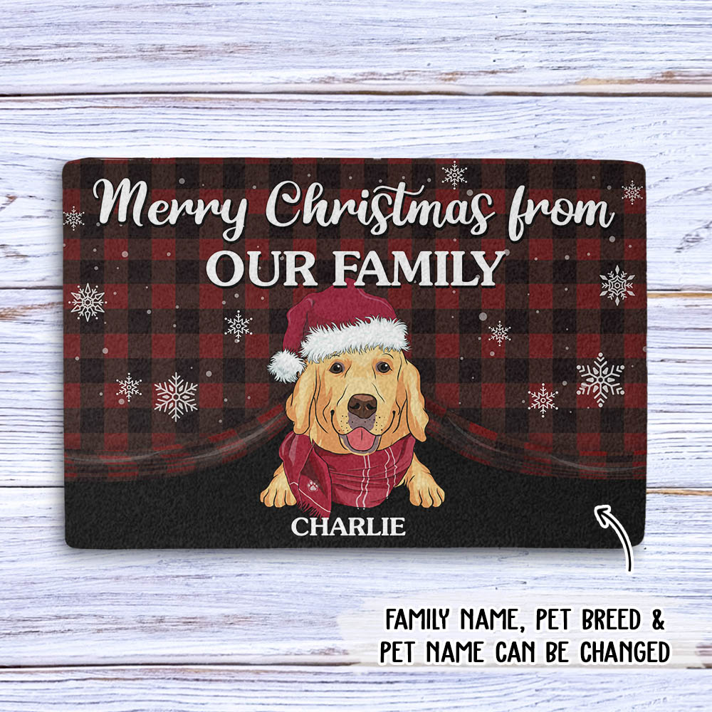 Customizable Merry Christmas Family Doormat with Personalized Dog Picture