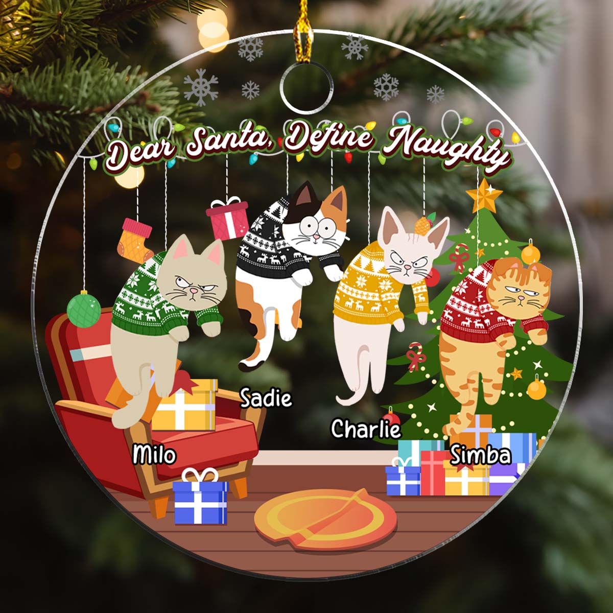 Feliz Naughty Cats - Customizable Personalized Acrylic Christmas Ornament