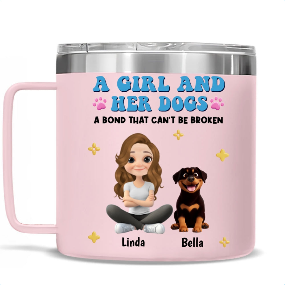 Personalized 14oz Stainless Steel Tumbler with Handle - A Girl And Her Dogs Design