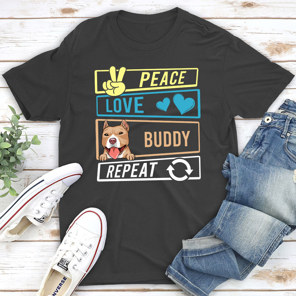 Personalized Unisex DOG PEACE LOVE AND REPEAT T-shirt - Ideal Gift for Pet Lovers