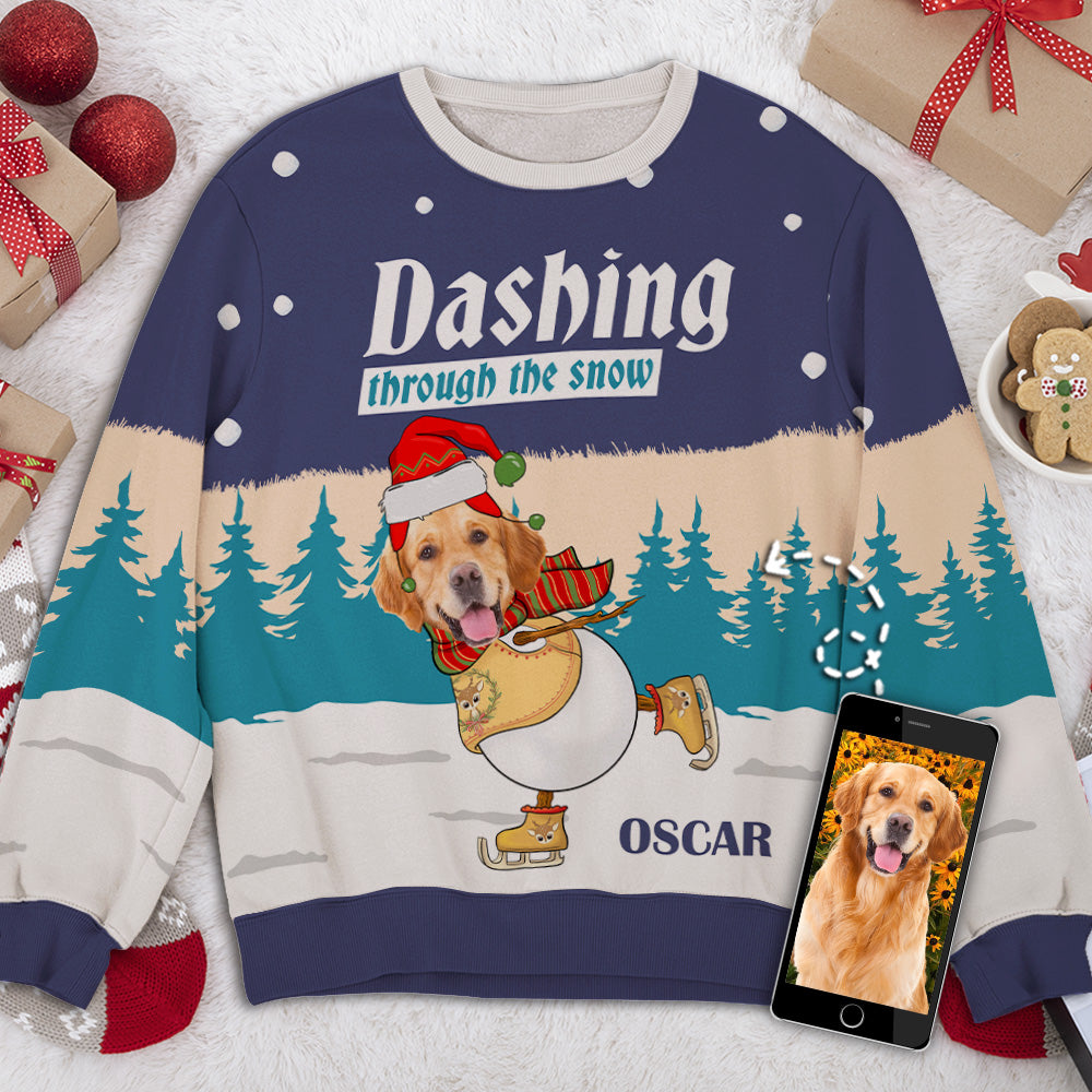 Personalized Custom Photo All-Over-Print 'Dashing Through Snow' Sweatshirt - Ideal for Pet Lovers