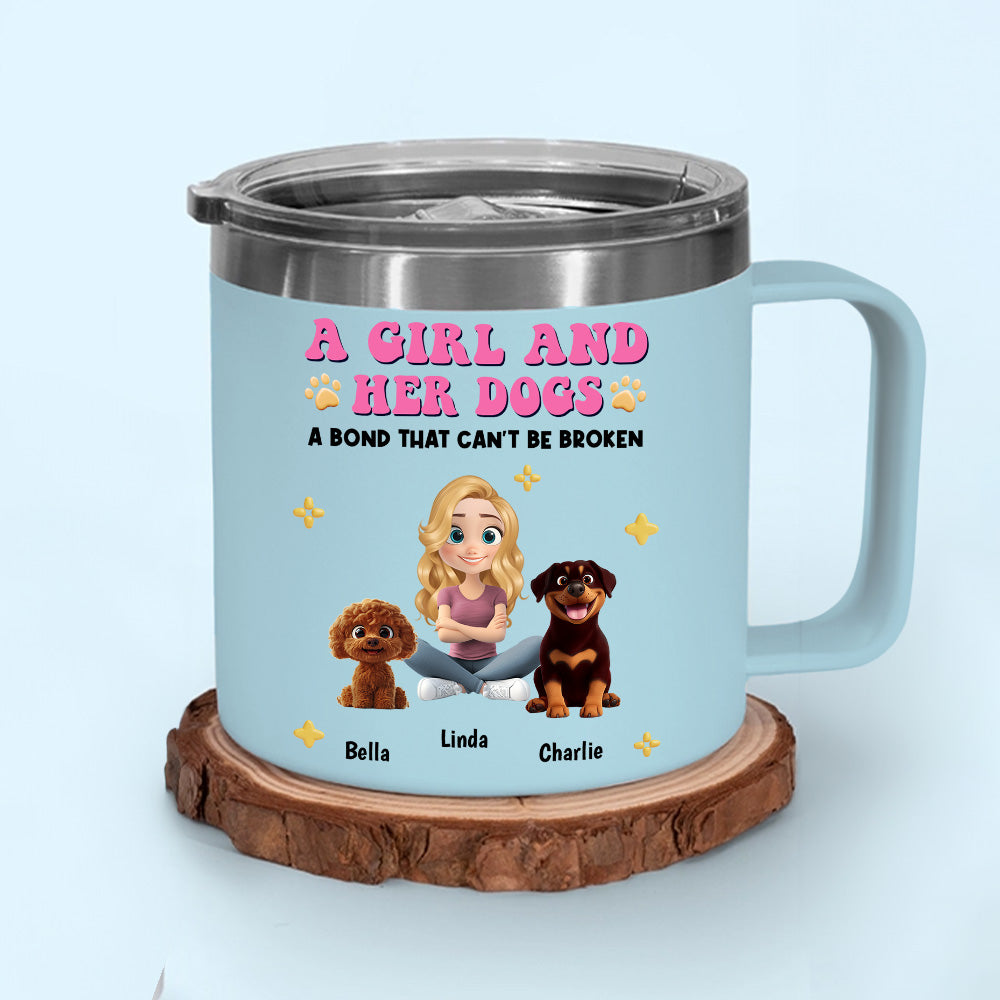 Personalized 14oz Stainless Steel Tumbler with Handle - A Girl And Her Dogs Design